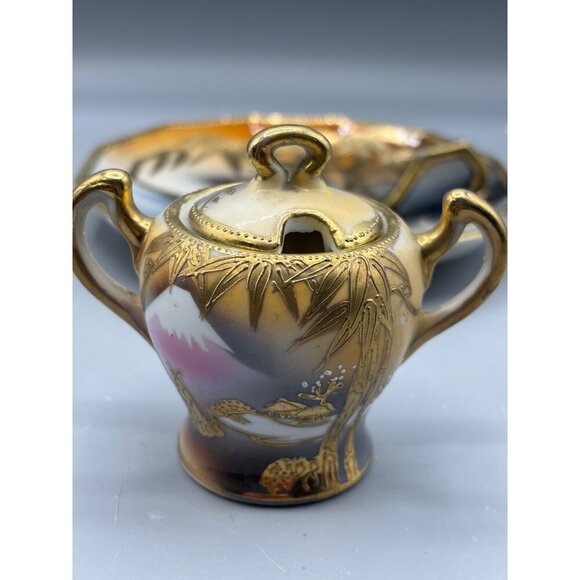 Vtg‎ Hand Painted Japanese Porcelain Sugar Bowl Handled Saucer Set Gold Bamboo - Picture 4 of 8